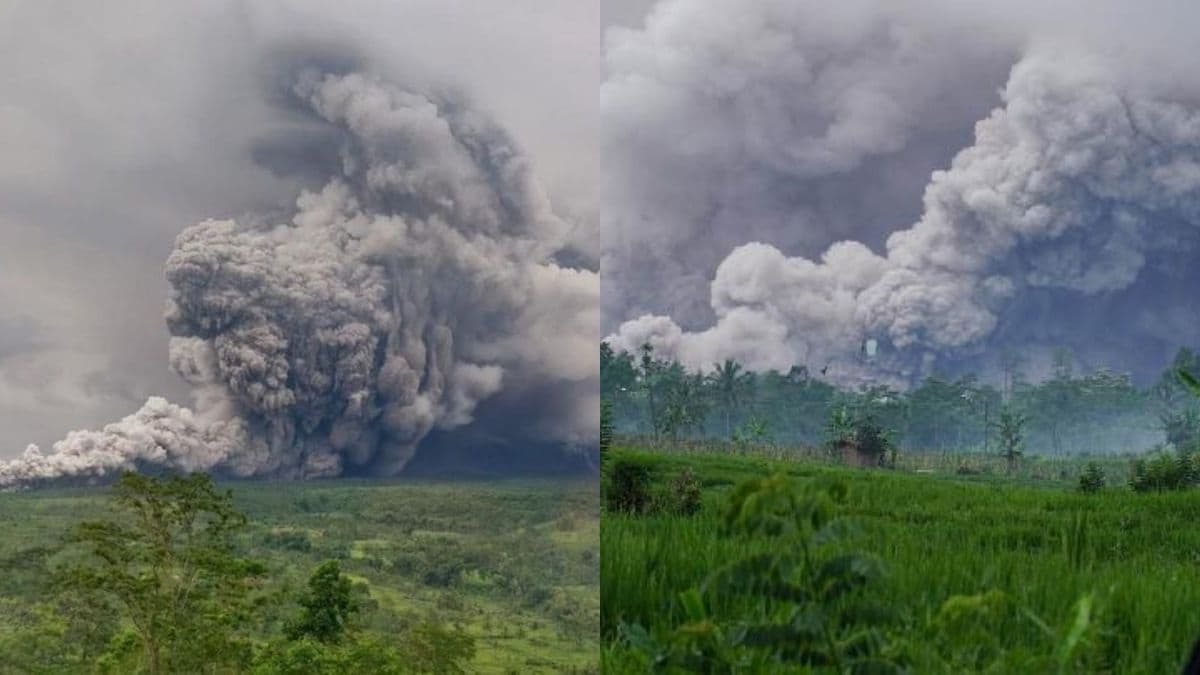 Mount Semeru releases volcanic materials during an eruption in Lumajang, East Java, Indonesia.