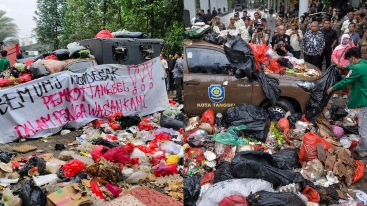University students protested outside the South Tangerang mayor’s office by dumping two truckloads of rubbish, criticising prolonged waste mismanagement..jpg